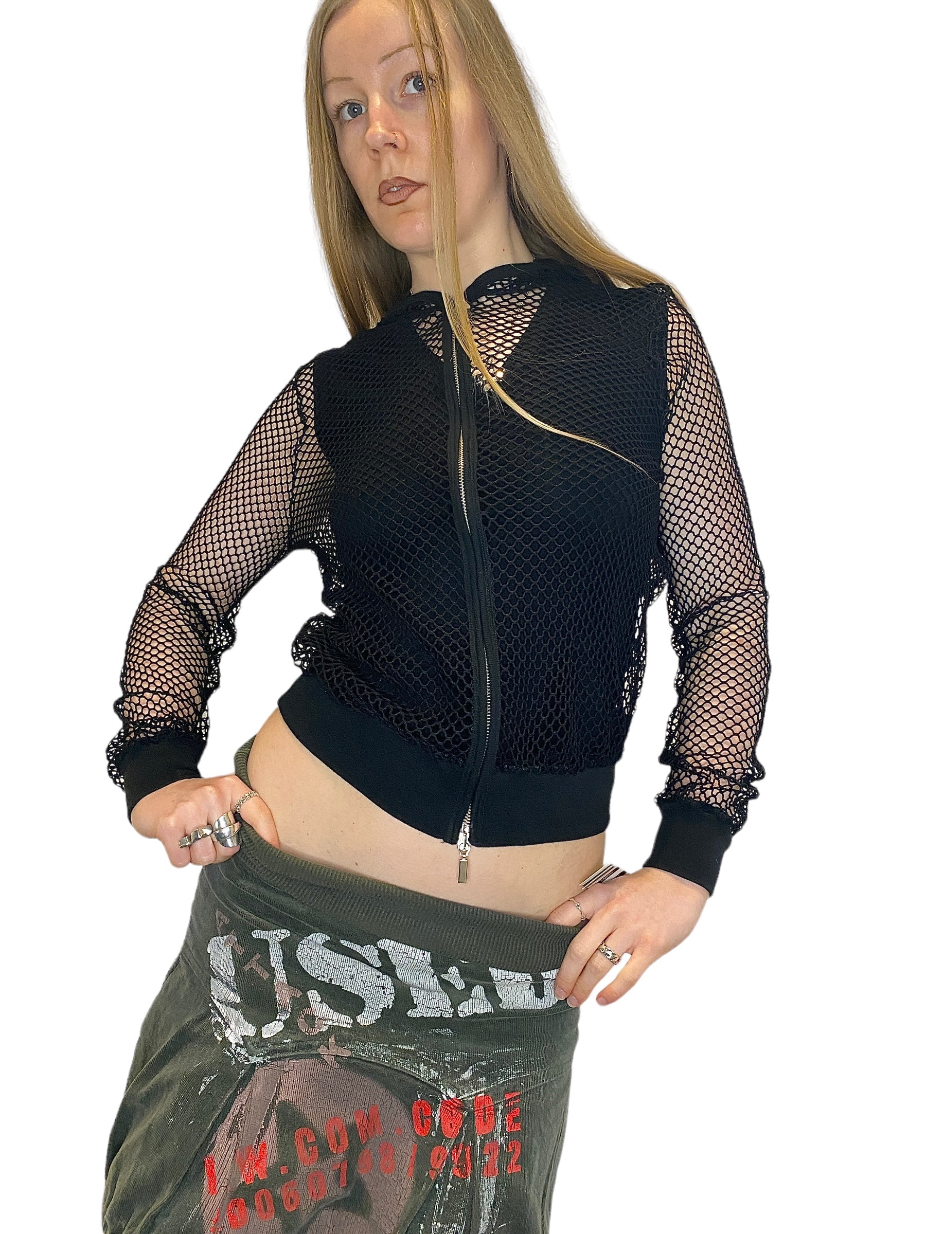 Y2K Deadstock Netted Hooded Grunge Zip Up (S)