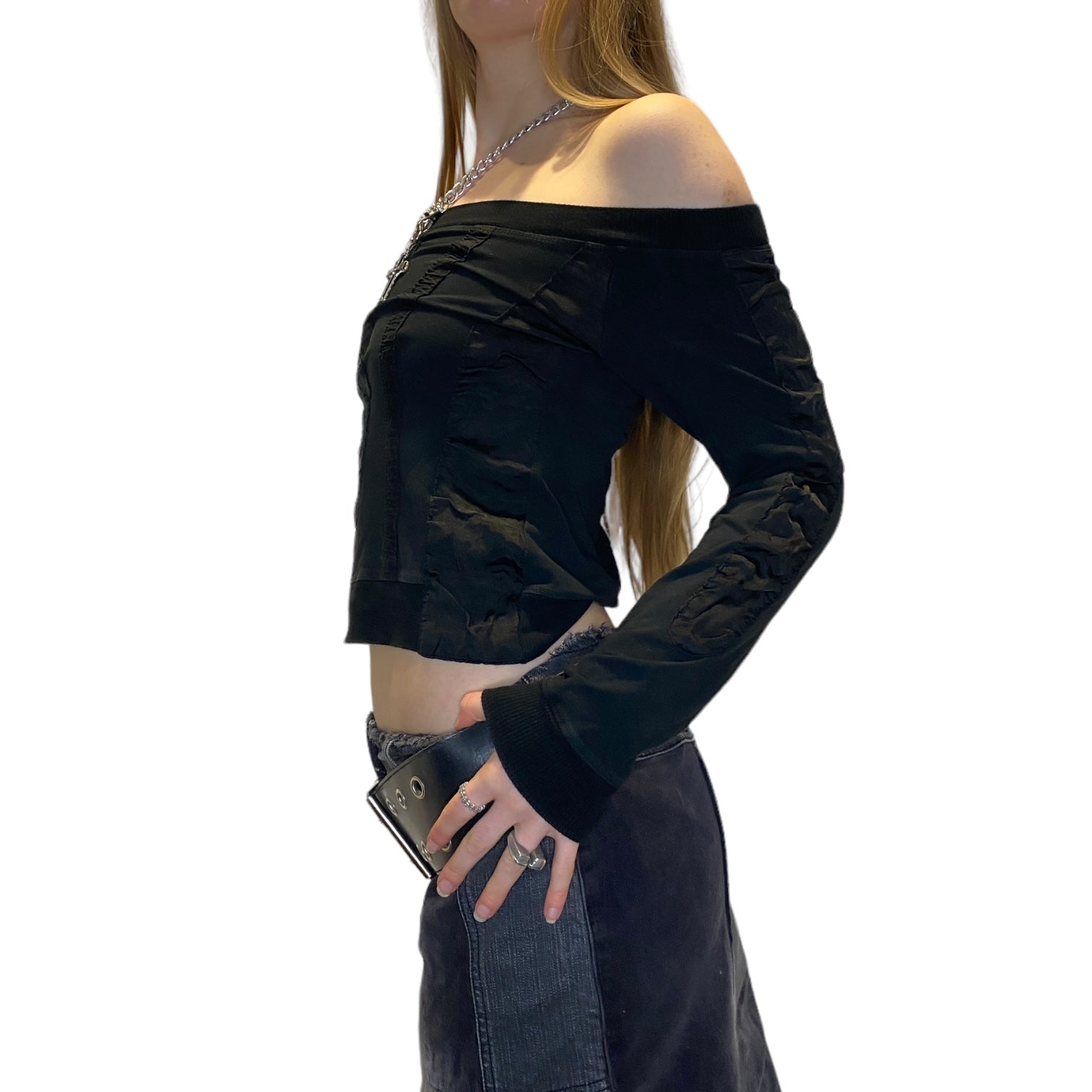 Vintage Off-the-Shoulder Stretchy Black Ruched Long Sleeve (M/L)