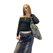 Vintage Off-the-Shoulder Stretchy Black Ruched Long Sleeve (M/L)