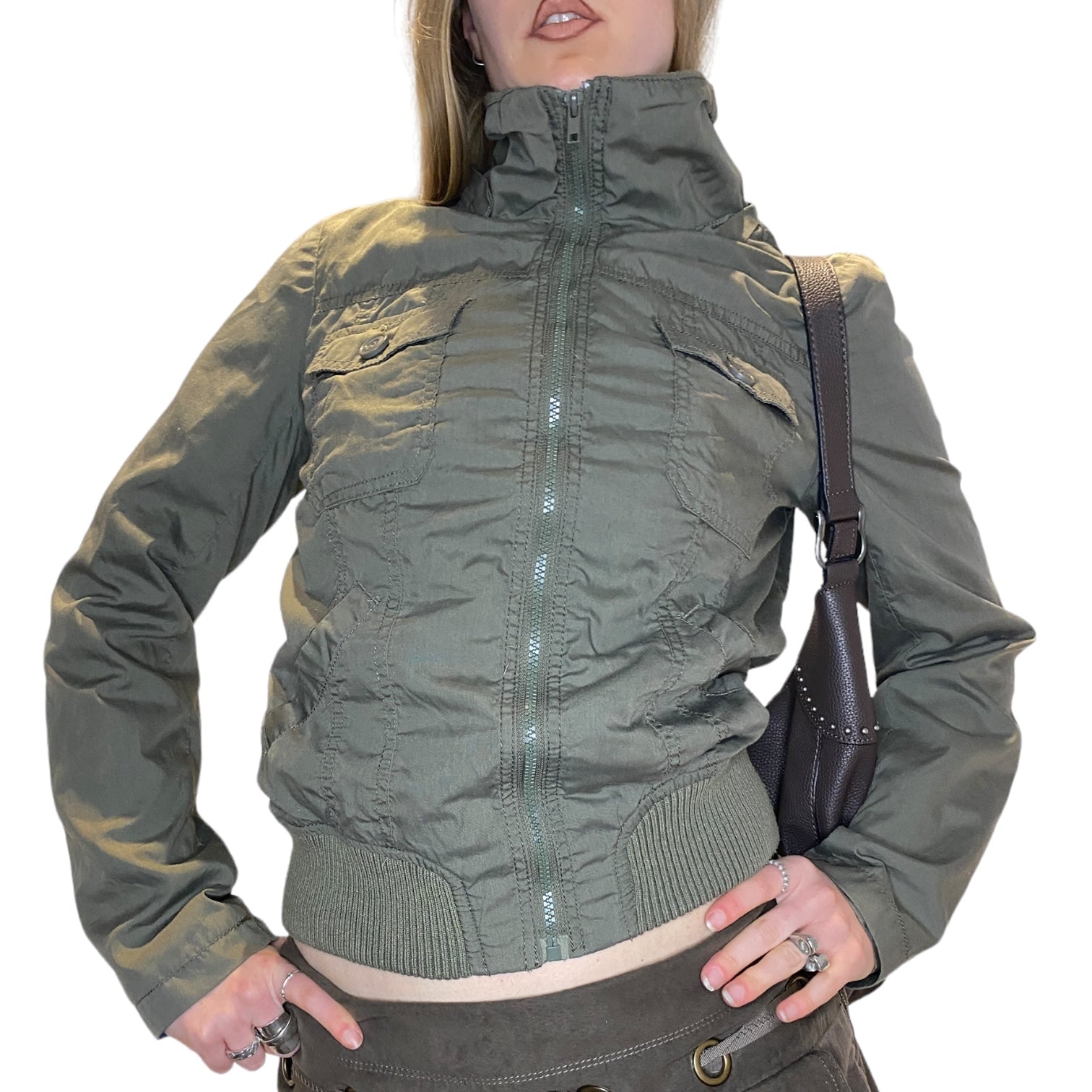 Vintage Khaki Cropped Bomber Jacket (M)