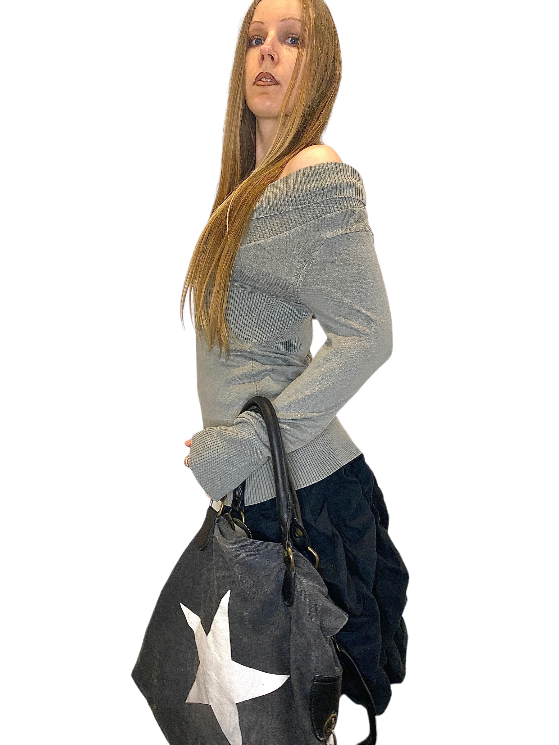 Vintage Off the Shoulder V Neck Sweater (S/M)