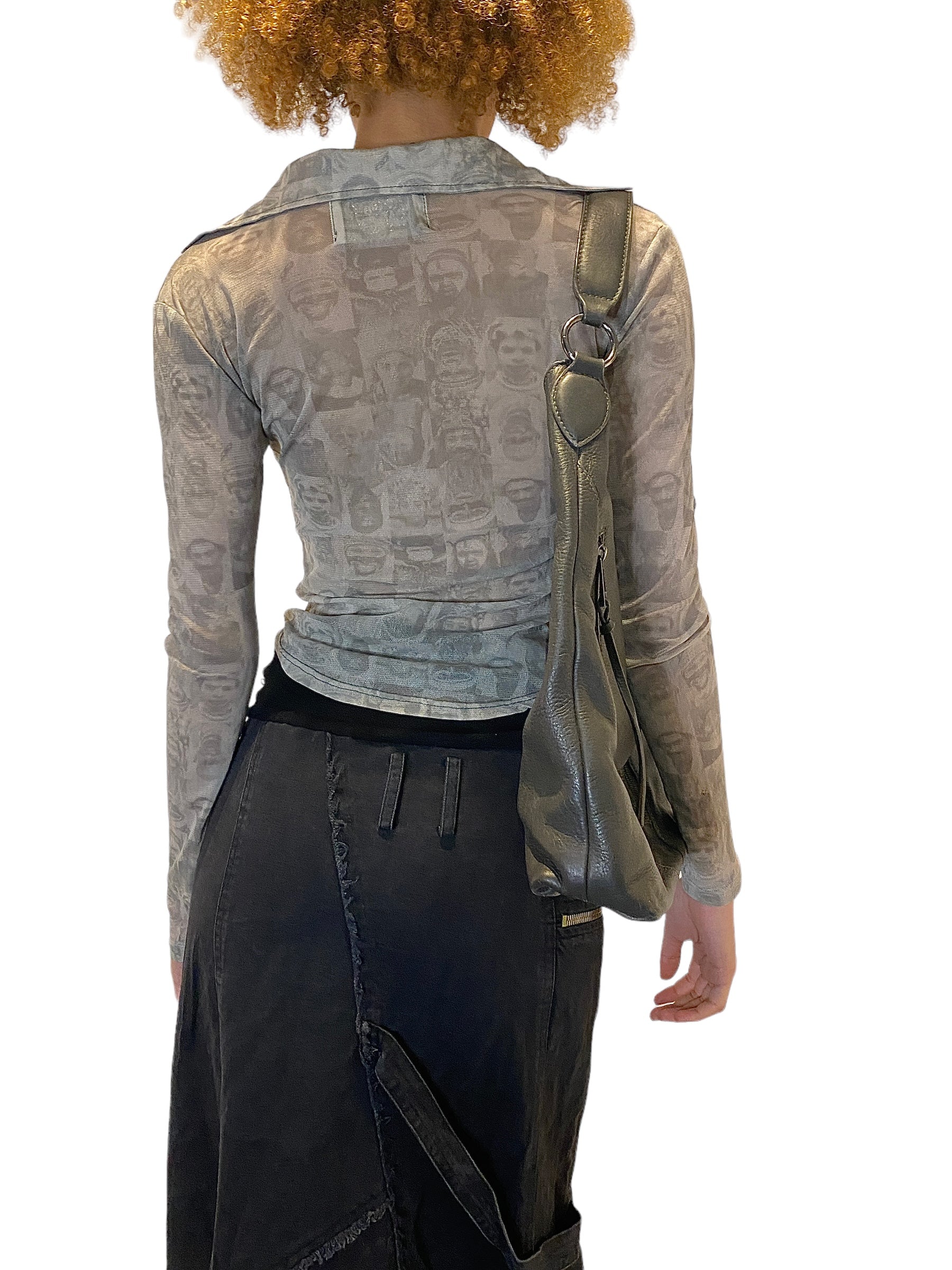90s Graphic Print Digital Print Mesh Blouse (S)