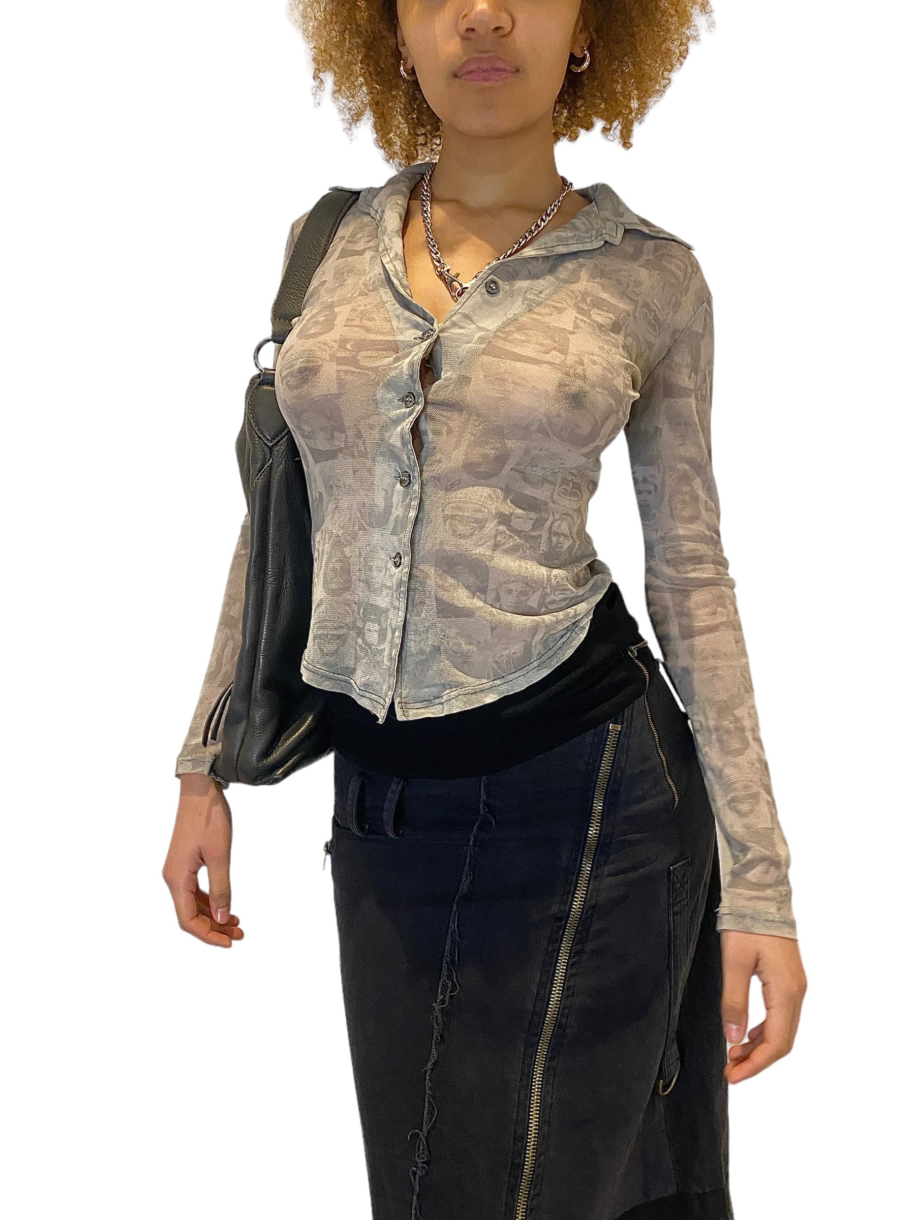 90s Graphic Print Digital Print Mesh Blouse (S)
