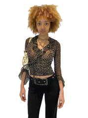 90s Morgan De Toi Mesh Leopard Print Wrap Blouse (S)