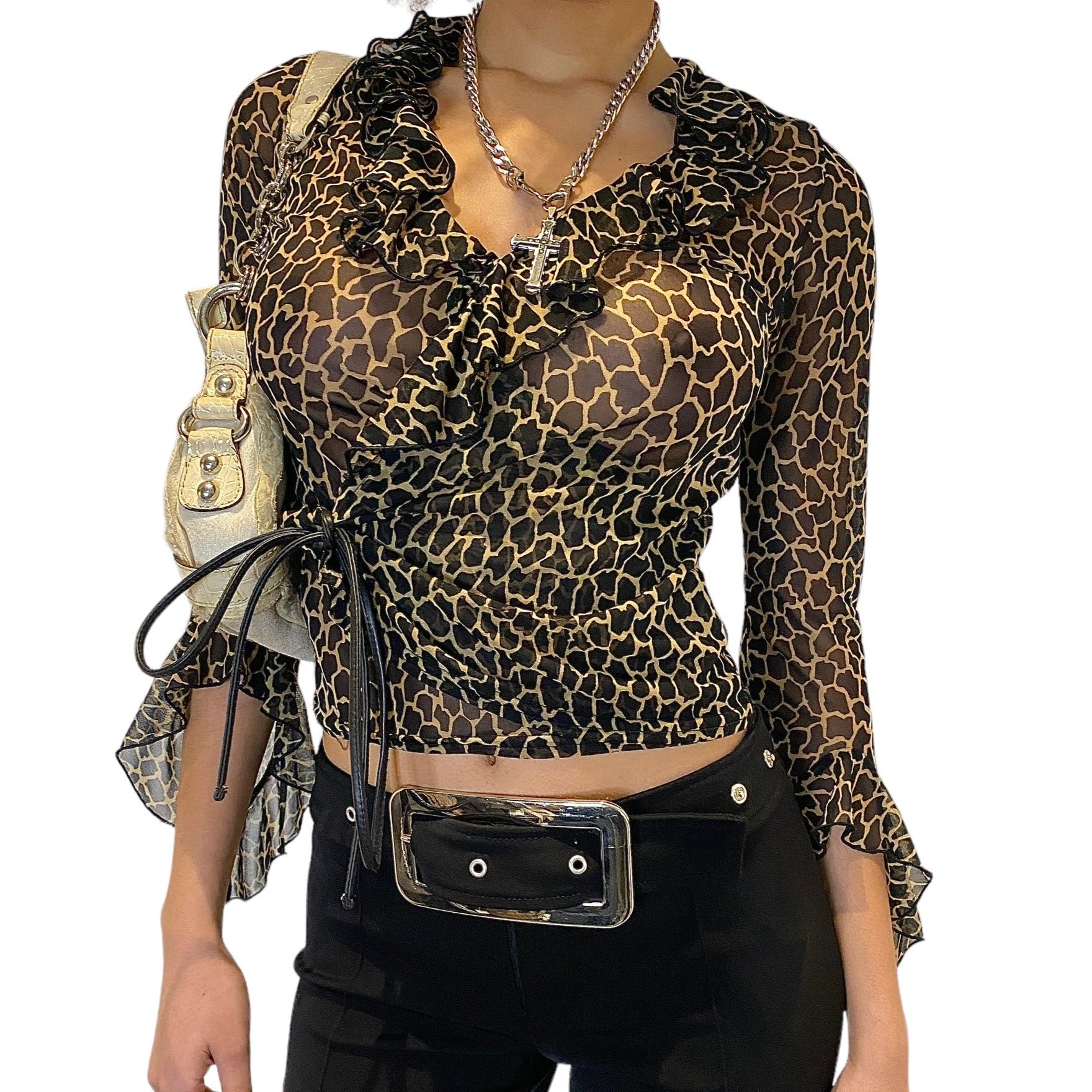 90s Morgan De Toi Mesh Leopard Print Wrap Blouse (S)