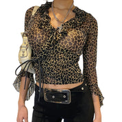 90s Morgan De Toi Mesh Leopard Print Wrap Blouse (S)