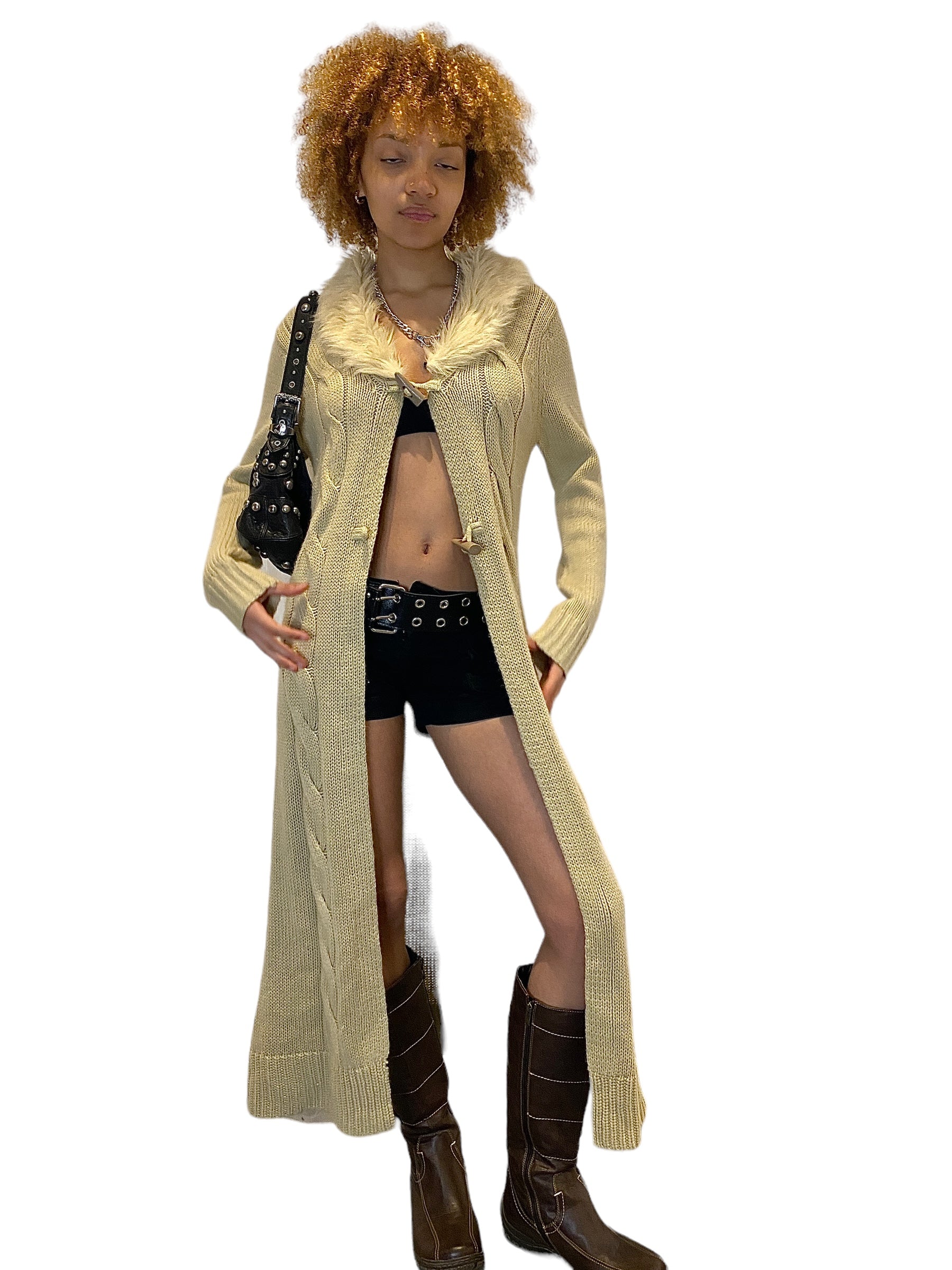 Y2K Maxi Knit Cardigan with Fur Trim (M)