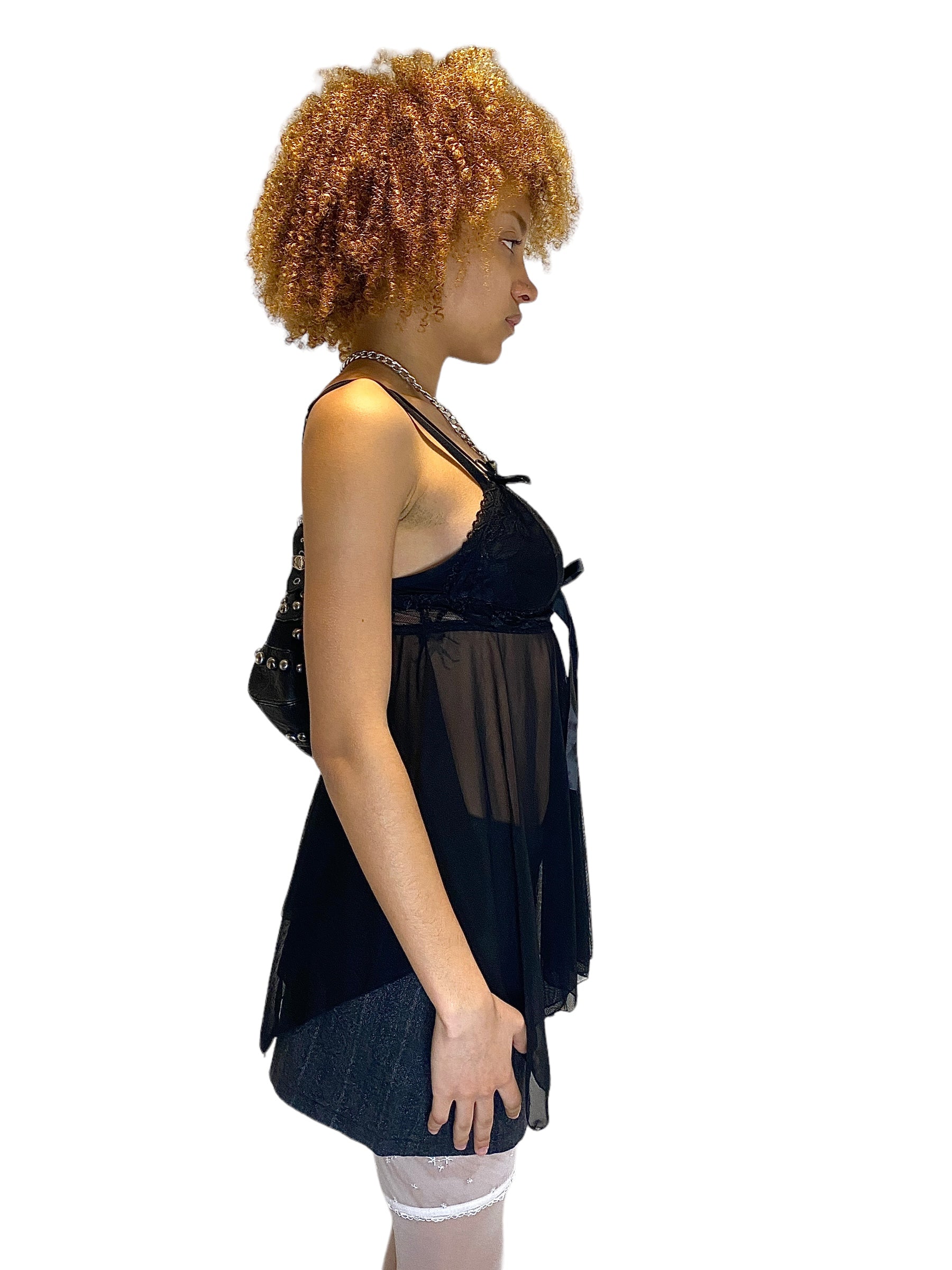 Y2K Bow Black Mesh Lingerie Cami Top (S)