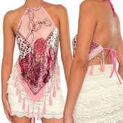Handmade Pink Animal Print & Floral Beaded Silk Backless Halter Top (XS-L)