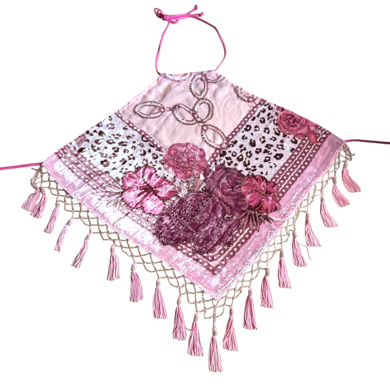 Handmade Pink Animal Print & Floral Beaded Silk Backless Halter Top (XS-L)