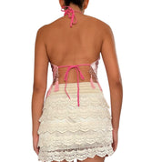 Handmade Pink Animal Print & Floral Beaded Silk Backless Halter Top (XS-L)