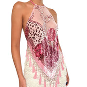 Handmade Pink Animal Print & Floral Beaded Silk Backless Halter Top (XS-L)