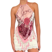 Handmade Pink Animal Print & Floral Beaded Silk Backless Halter Top (XS-L)