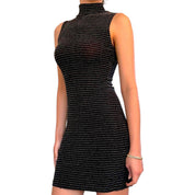 Y2K Black Silver Metallic Sheer Striped Bodycon Mini Dress (M)