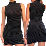 Y2K Black Silver Metallic Sheer Striped Bodycon Mini Dress (M)