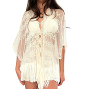 Vintage White Embroidered Mesh Fringe Kimono Cardigan (S/M)