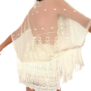 Vintage White Embroidered Mesh Fringe Kimono Cardigan (S/M)