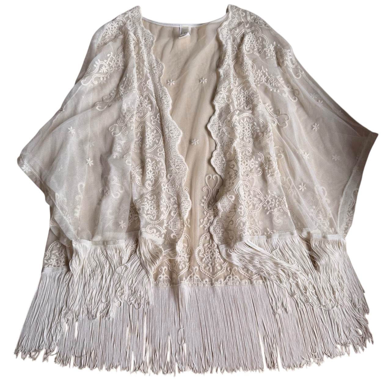 Vintage White Embroidered Mesh Fringe Kimono Cardigan (S/M)