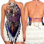 Rare Y2K Aris A Purple Floral Beaded Silk Backless Halter Top (XS-L)