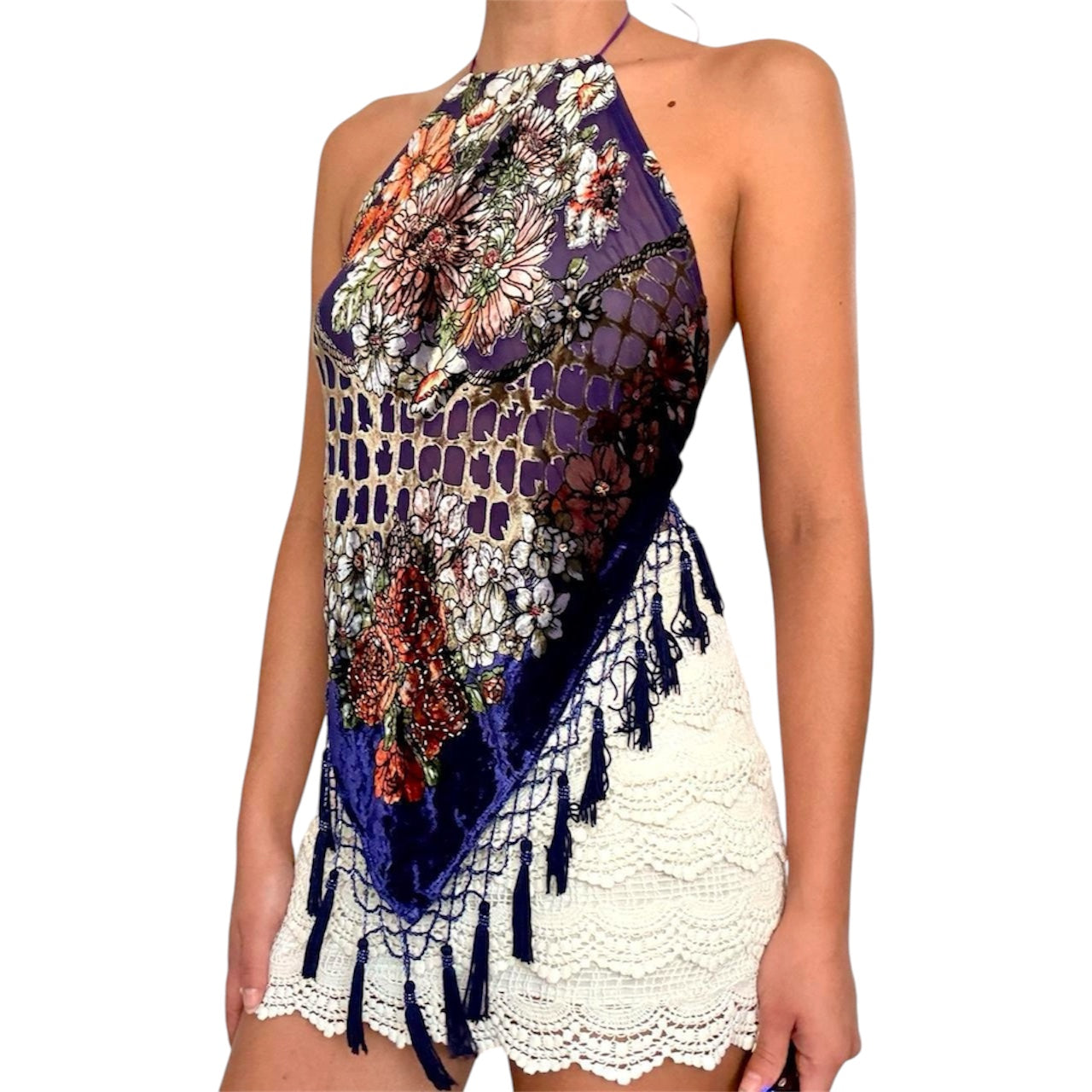 Rare Y2K Aris A Purple Floral Beaded Silk Backless Halter Top (XS-L)