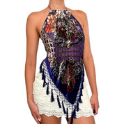 Rare Y2K Aris A Purple Floral Beaded Silk Backless Halter Top (XS-L)