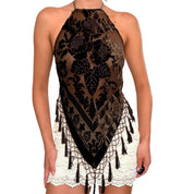 Handmade Chocolate Brown Velvet Burnout Beaded Silk Backless Halter Top (XS-L)