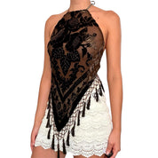 Handmade Chocolate Brown Velvet Burnout Beaded Silk Backless Halter Top (XS-L)