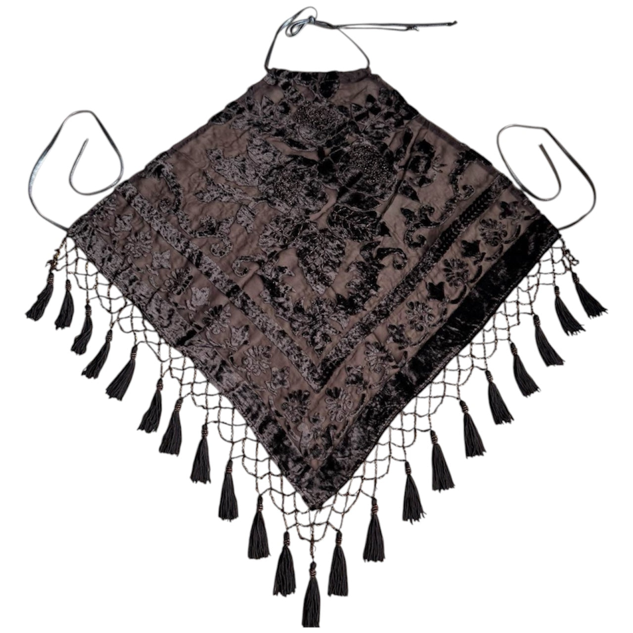 Handmade Chocolate Brown Velvet Burnout Beaded Silk Backless Halter Top (XS-L)