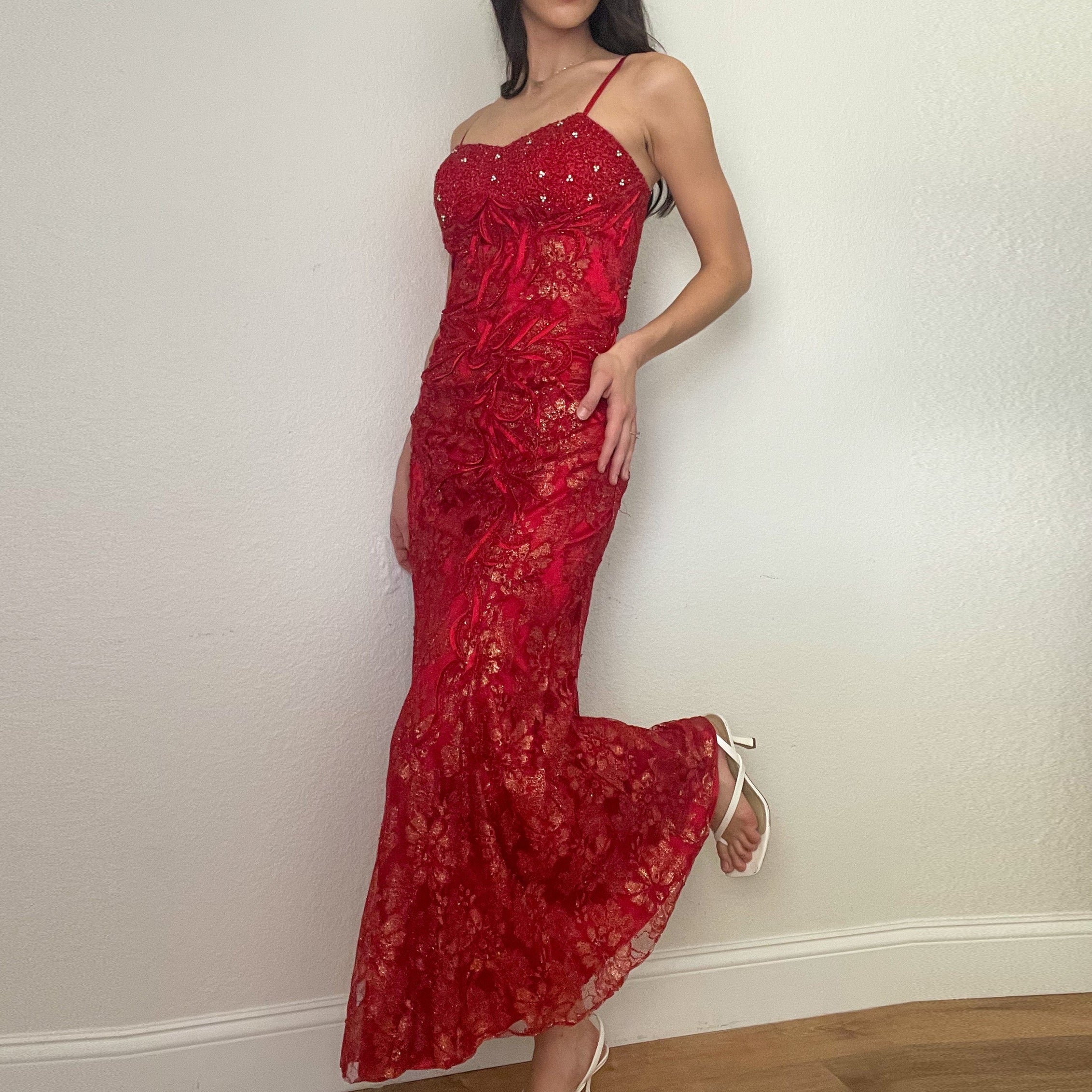 Vintage Red Beaded Formal Dress (M) Vintage Red Beaded Formal Dress (M)