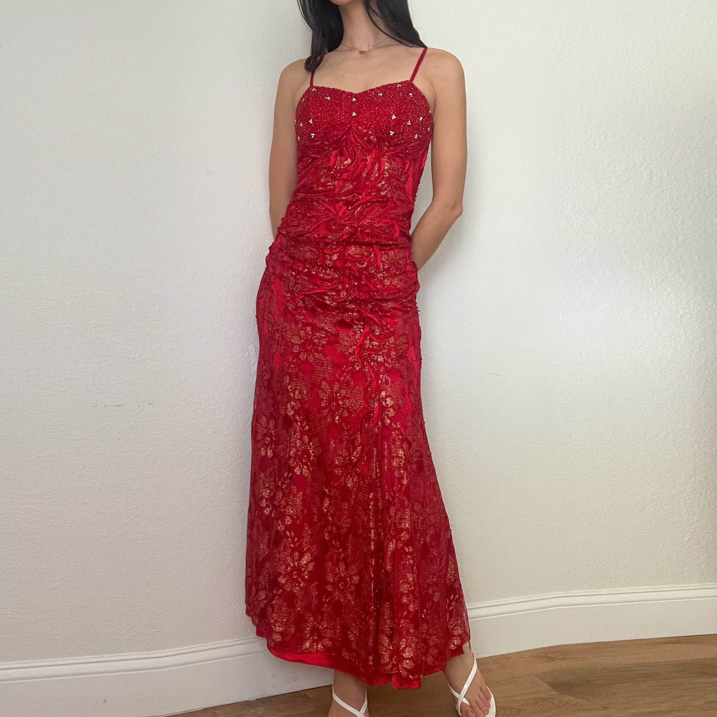 Vintage Red Beaded Formal Dress (M)
