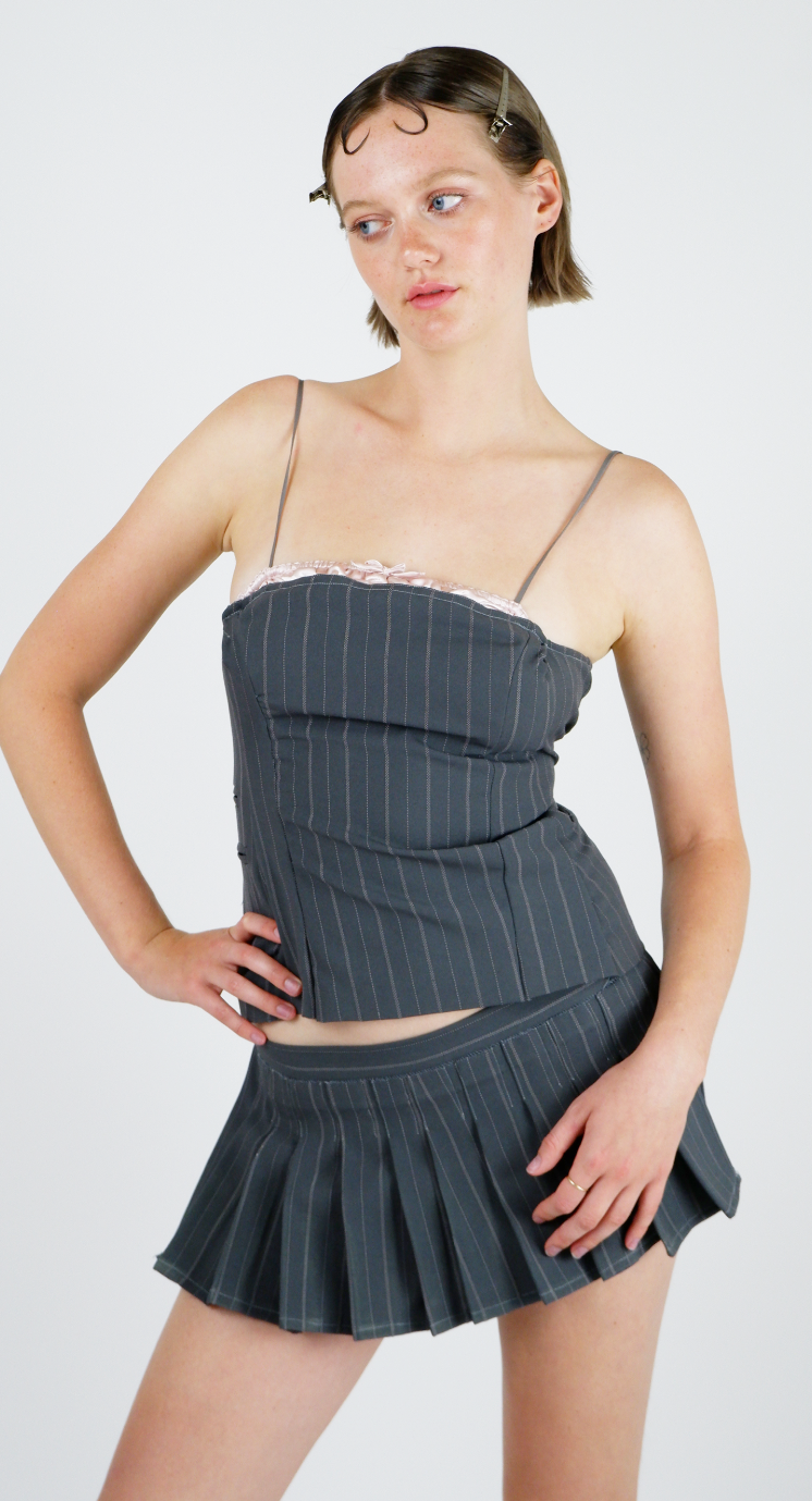 Blush Satin Pinstripe Corset Tank Top (XS)