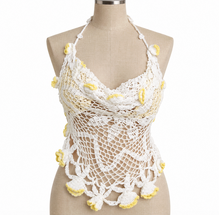 White Floral Crochet Halter Top (XS-M)