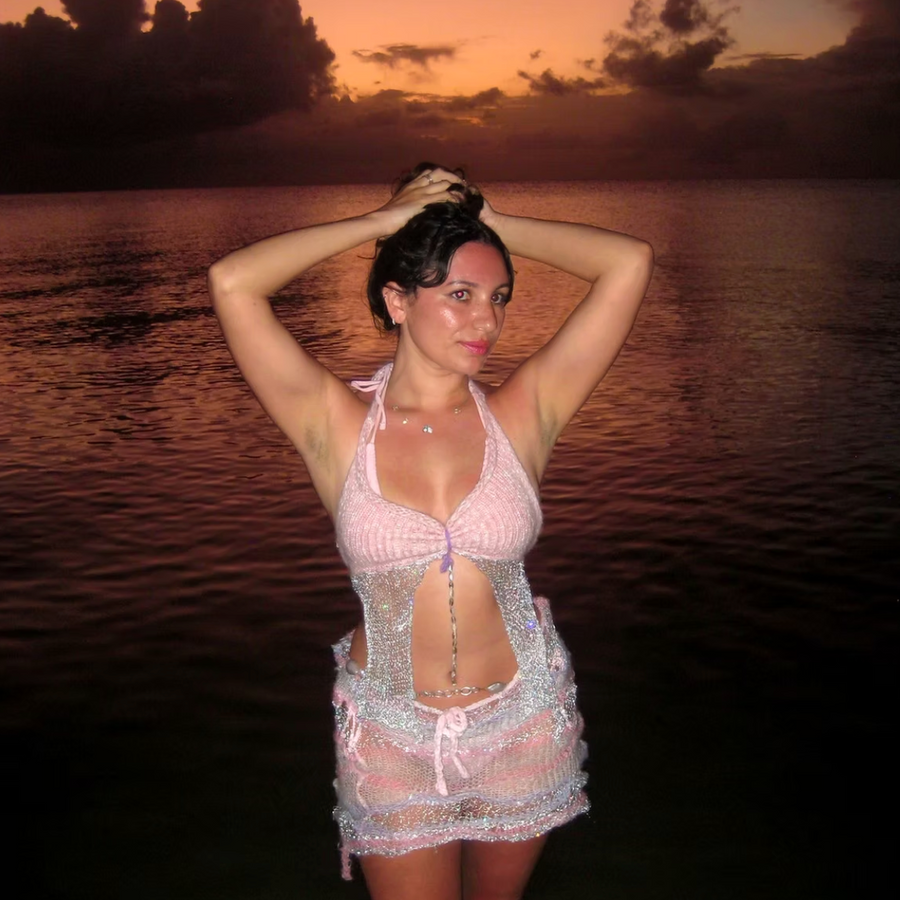 Pink Sheer Knit Halter Top & Mini Skirt Set (XS-2XL)