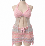 Pink Sheer Knit Halter Top & Mini Skirt Set (XS-2XL)