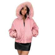 Pink Leather & Fur Bomber Jacket (M)