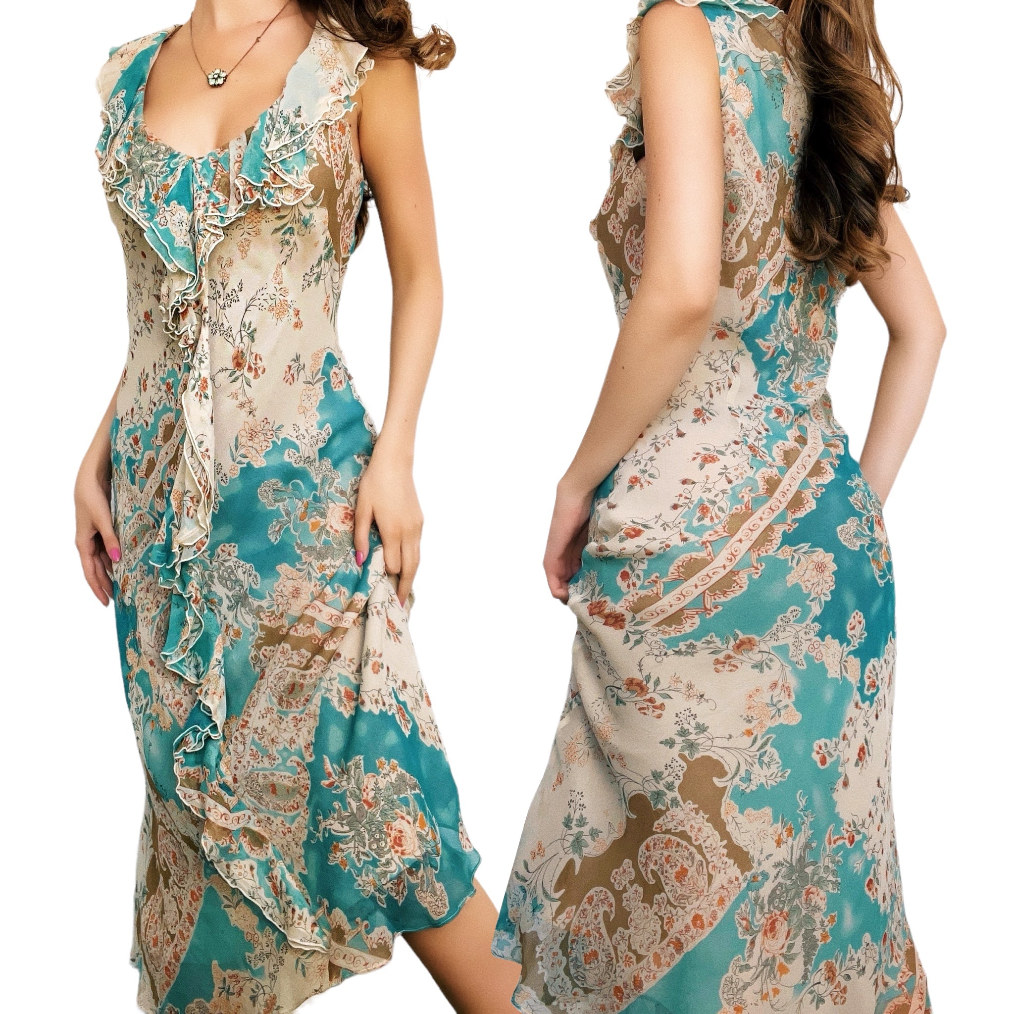 90s Beige & Teal Silk Dress (M)