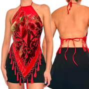 Handmade Red Silk Velvet Beaded Tassel Backless Halter Top (XS-L)