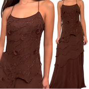Deadstock Y2K Brown Silk Beaded Ruffle Maxi Dress (M/L)