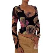 Mariella Burani Italian vintage Y2K black portrait print mesh top with Victorian medallions & pink roses