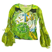 2000s lime green floral beaded blouse with dramatic mesh bell sleeves (S/M)