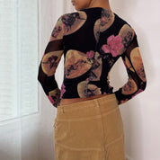 Mariella Burani Italian vintage Y2K black portrait print mesh top with Victorian medallions & pink roses