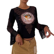 Misia Paris French vintage Y2K black illustrated portrait mesh top with brown lace print & sheer bell sleeves