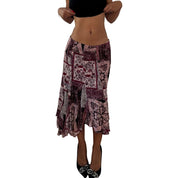 Vintage Pink Burgundy Patchwork Mesh Midi Skirt (S)