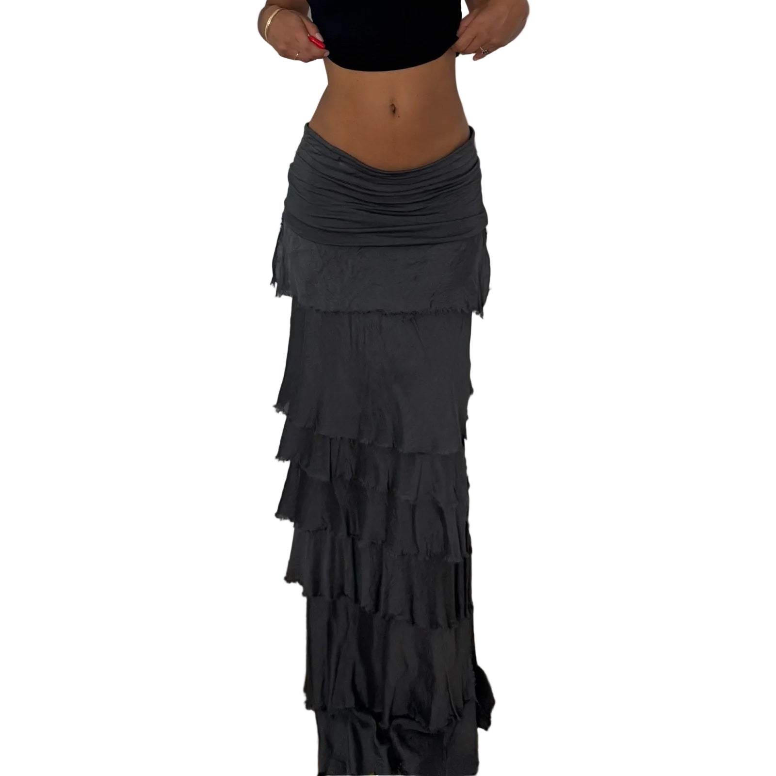 Italian vintage charcoal grey tiered maxi skirt with silk mesh ruffles