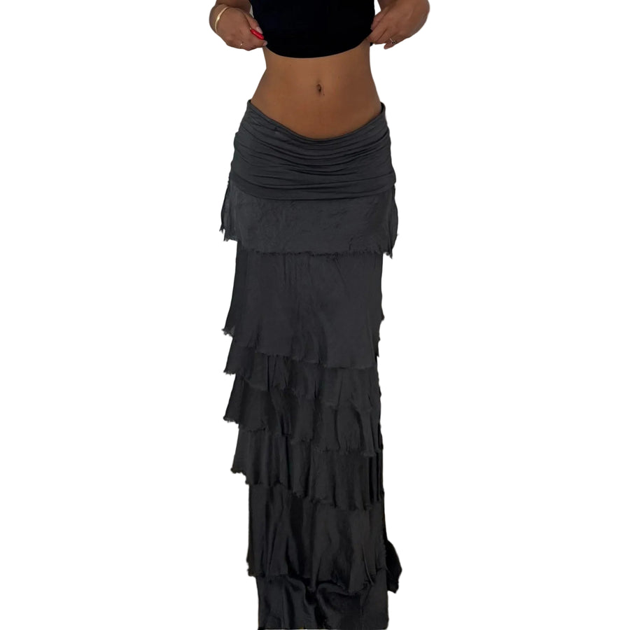 Italian vintage charcoal grey tiered maxi skirt with silk mesh ruffles