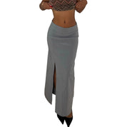 Italian Vintage Grey Low Rise Maxi Skirt with Front Slitsk