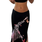 Vintage Black & Pink Floral Butterfly Lace Skirt (S)