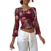 Vintage Floral Cheetah Lace Top Ruffle Trim Long Sleeve (S)