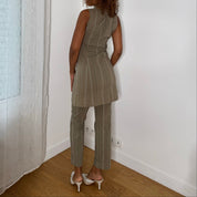 French vintage beige/green & ivory pinstripe cotton tunic dress & capri pants matching set