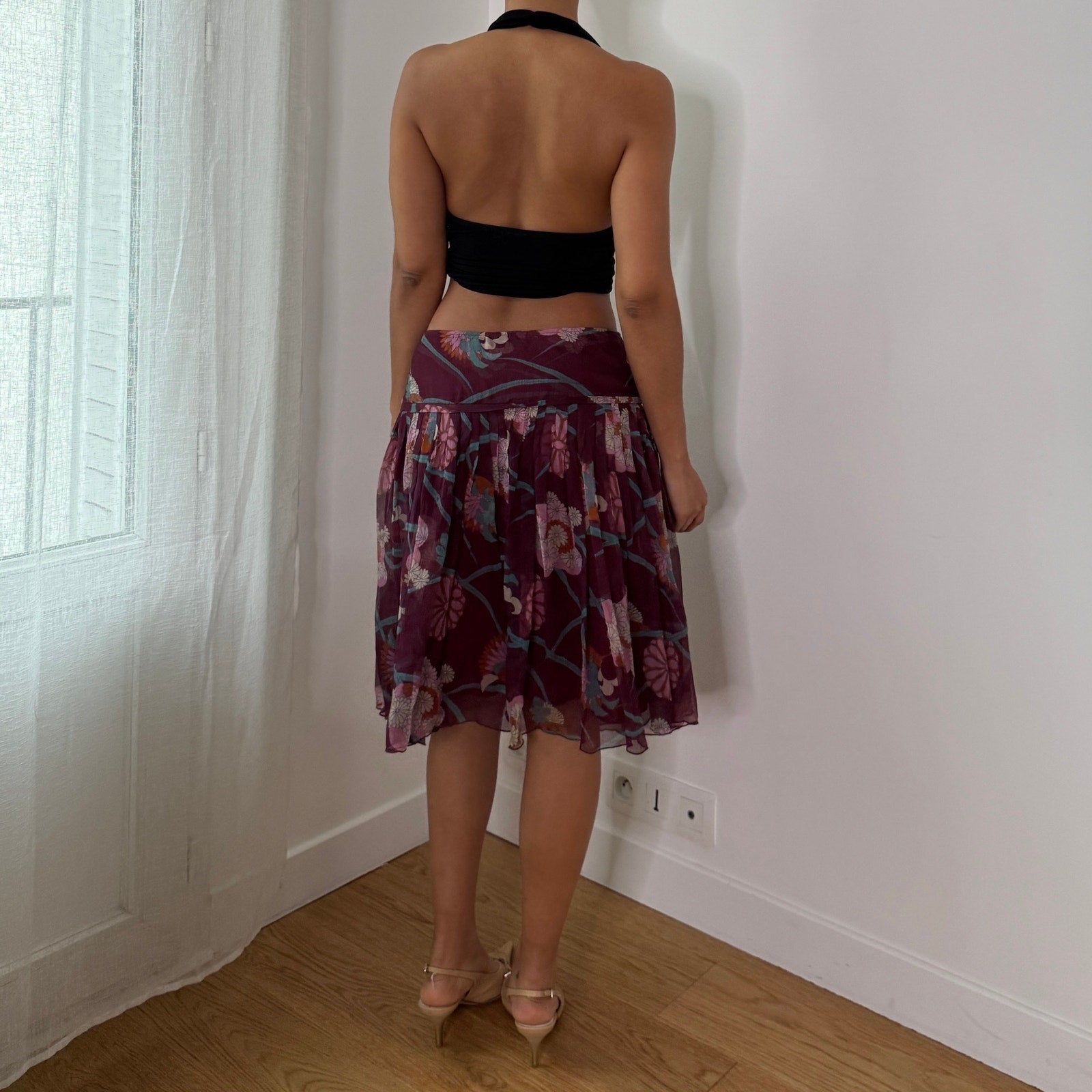 Vintage Sisley Burgundy Floral Silk Mesh Skirt (S) ⠀